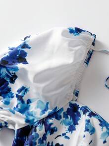 GlowEve 女士极简印花短袖系带连衣裙 - 藍白色 - 查看 6