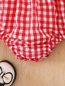 SHEIN Vintaside Kids Baby Girl Plaid Strawberry Pattern Bow Decor Casual Daily Wear Puff Sleeve Romper - Red and White - View 5