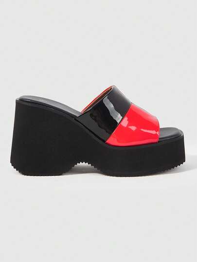 ROMWE Grunge Punk Women's New Slope Heel Thick Bottom Square Toe Bright Splicing Open Toe Thick Waterproof High Heel Outer Wear Slippers
