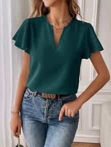 SHEIN Essnce 女士休闲通勤纯色V领荷叶边短袖衬衫 - 水鴨藍 - 查看 5