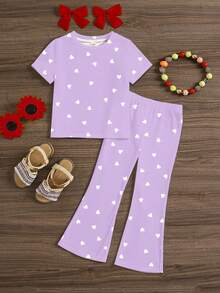 紫色甜心印花，情人节少女休闲简约圆领短袖T恤和喇叭裤两件套，适合夏季穿着 - 彩色 - 查看 3