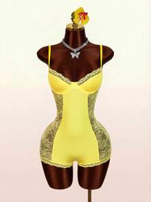 Amplova 女士蕾丝拼接性感约会连体衣 - 黃色 - 查看 6