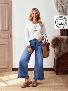 EMERY ROSE Plus Size Women Street Casual Comfortable Mid-Blue Non-Stretch Ruffle Hem Straight Leg Jeans - Medium Wash - View 3