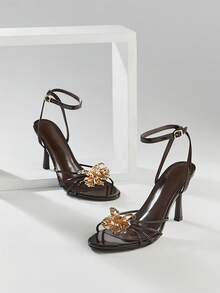 SHUZIA Giày sandal nữ thanh lịch tối giản họa tiết hoa, chất liệu PU ánh kim, mũi tròn, gót nhọn. - Cà phê nâu - Xem 5