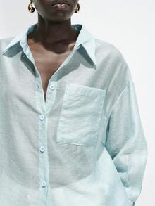 Lumivelle 女士休闲透视口袋衬衫，适合通勤、休闲和度假，春夏款 - 藍色 - 查看 4