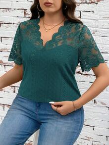 SHEIN Clasi Áo thun nữ cỡ lớn cổ chữ V viền ren, kiểu dáng thường ngày, đa năng. - màu xanh lá - Xem 7
