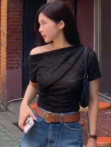 DAZY Solid Color Asymmetrical Shoulder Fitted Short Sleeve White T-Shirt For Women, Summer - Black - View 7