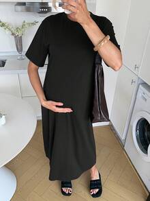 SHEIN 孕妇纯色圆领短袖休闲连衣裙 - 黑色 - 查看 10