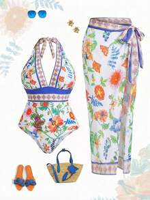 Swim Oasis Conjunto de maiô e vestido maxi plus size com estampa tropical e amarração frontal (2 peças) - Multicolorido - Ver 1