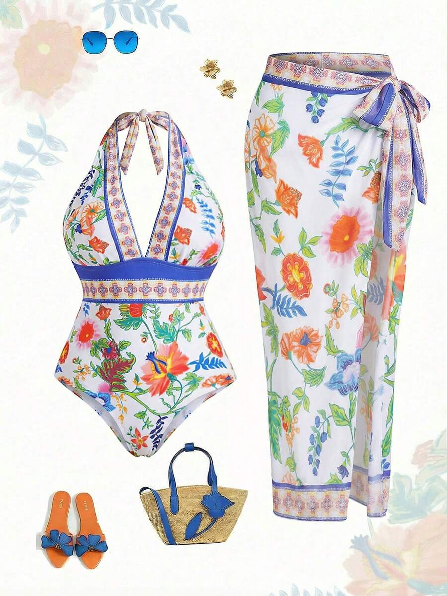 Swim Oasis Conjunto de maiô e vestido maxi plus size com estampa tropical e amarração frontal (2 peças) - Multicolorido - Ver 1