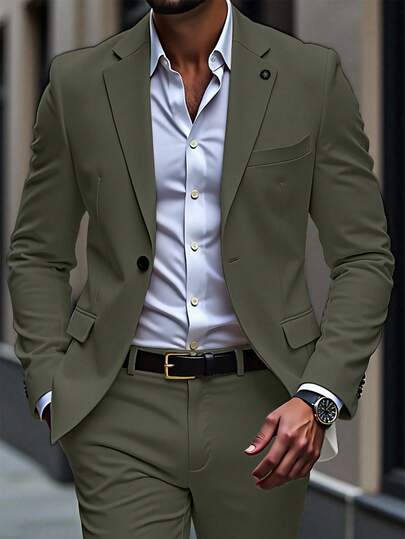 Manfinity Mode بدلة رجالية مكونة من بليزر وبنطلون بياقة لاصقة وأكمام طويلة، بدلة سفر رسمية، بليزر أخضر، بدلة خضراء زيتية، بدلة أنيقة، هدية رائعة للصديق أو الزوج