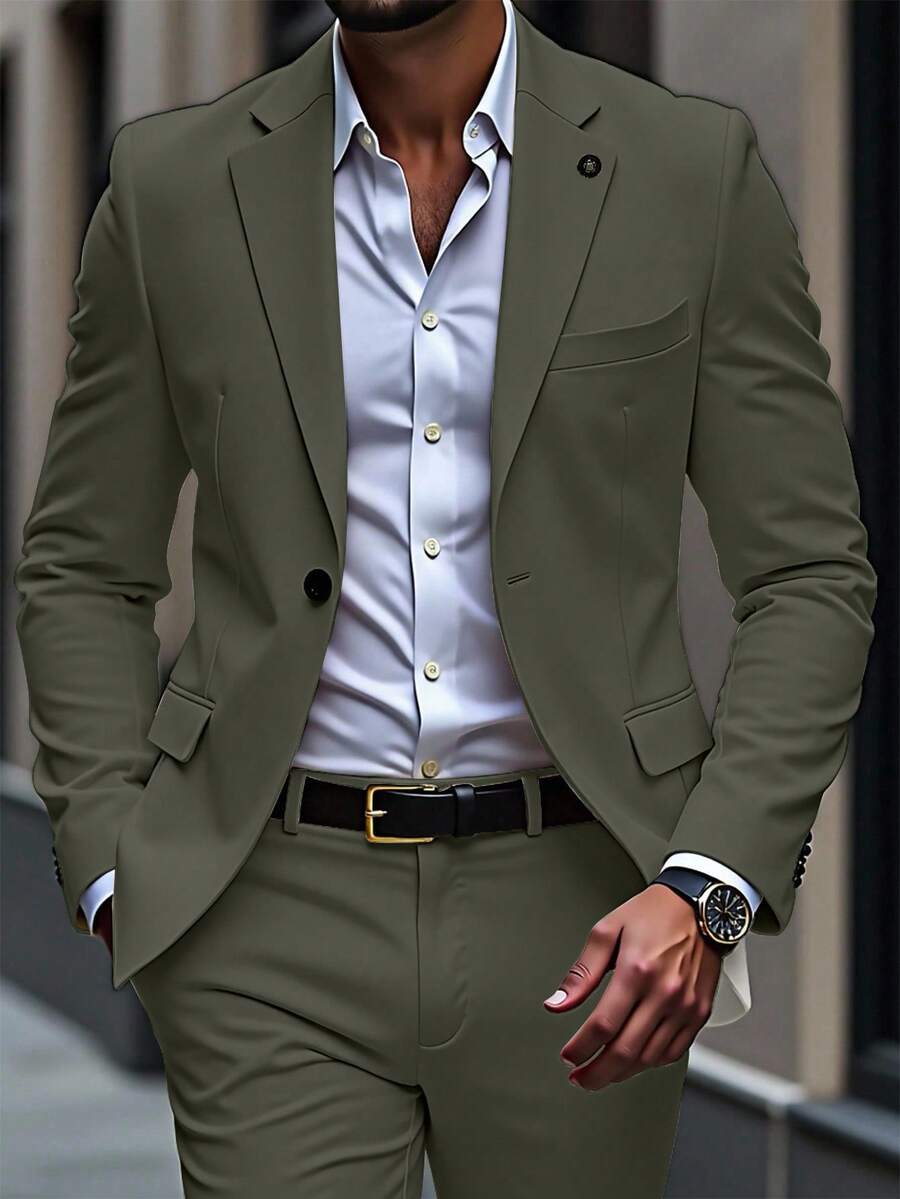 Manfinity Mode Conjunto de traje de negocios para hombres con blazer de manga larga con cuello de solapa y pantalones. Traje verde, blazer verde, traje verde oliva para hombres. Un gran regalo para un novio o esposo. - Verde militar - Ver 1