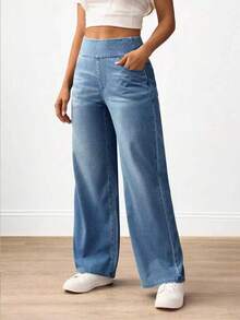 Flexra Plus Size Women Casual Commuter Versatile High Waist Comfortable Belted Slant Pocket Straight Leg Jeans - Blue - View 5