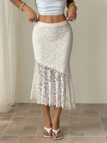 SHEIN PETITE 女士不对称纹理杏色美人鱼半身裙，万圣节，秋冬女装，外出半身裙，时尚，乡村风，奶油色半身裙，优雅蕾丝半身裙，美人鱼蕾丝半身裙 - 白色 - 查看 1