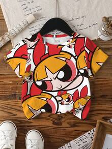 THE POWERPUFF GIRLS X SHEIN Áo thun ngắn tay in hình hoạt hình, phong cách thường ngày, thời trang đường phố cho bé gái, thích hợp mặc đi làm, mùa hè. - trắng - Xem 1