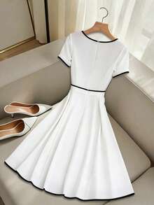 Ellegaria. Women's Elegant Long Dress With Trim Button Design Short Sleeves - Apricot - View 4