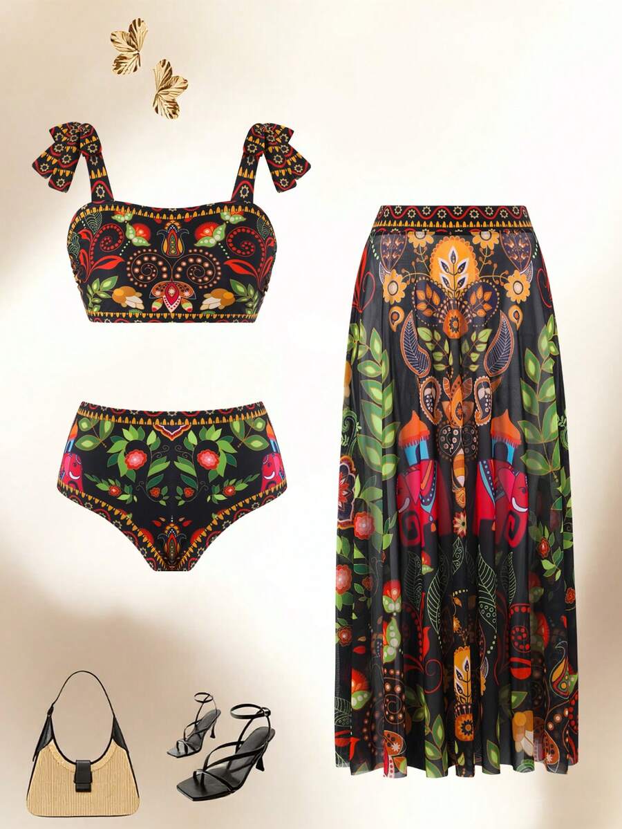 Swim Oasis Conjunto de Maiô Plus Size de Alta Qualidade com Saia de Chiffon Estampada, Maiô de Moda Europeia e Americana - Multicolorido - Visão 1