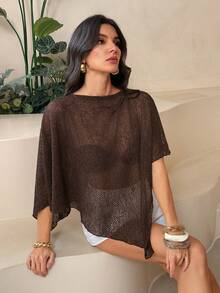 SHEIN Tall 新款时尚杏色多功能针织提花镂空连体露背披肩领多穿度假风轻薄罩衫棕色上衣 - 棕色 - 查看 7