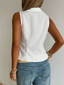 SHEIN EZwear Áo sơ mi nữ màu trắng dệt kim không tay, cài cúc phía trước, ôm dáng, thích hợp cho mùa hè. - trắng - Xem 2