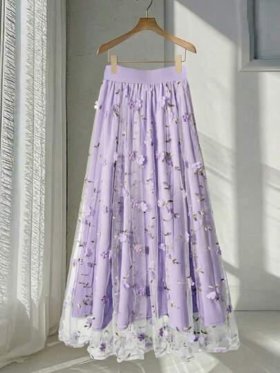 GlowEve CURVE Falda larga elegante de mujer talla grande con bordado de malla floral, cintura relajada, fluida y elegante, falda de hada, falda floral, falda elegante, falda para invitada de boda, falda de mujer para Pascua, falda de mujer para boda