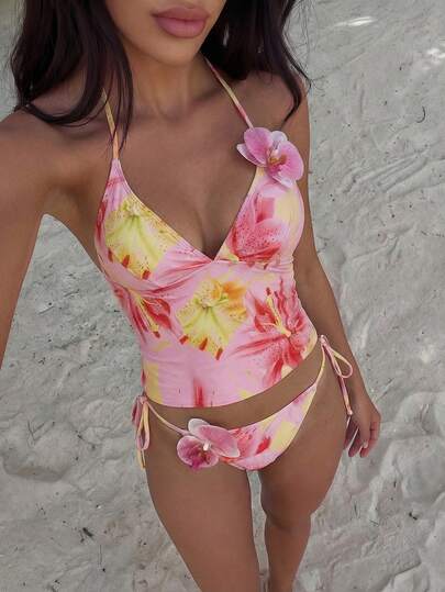 Swim Vcay Bộ đồ bơi nữ mùa xuân/hè gồm áo ngực tam giác không gọng, dây mảnh, áo hai dây họa tiết hoa 3D và quần bơi buộc dây bên hông.