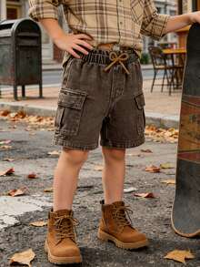 Genkimix Kids Kleine Jungen Casual Jeans Shorts, khakifarben, Frühling/Sommer, Kordelzug Dekoration, Cargo Taschen, weite Passform, weiches & bequemes Material, modischer Alltags-Look - Braun - Übersicht 9