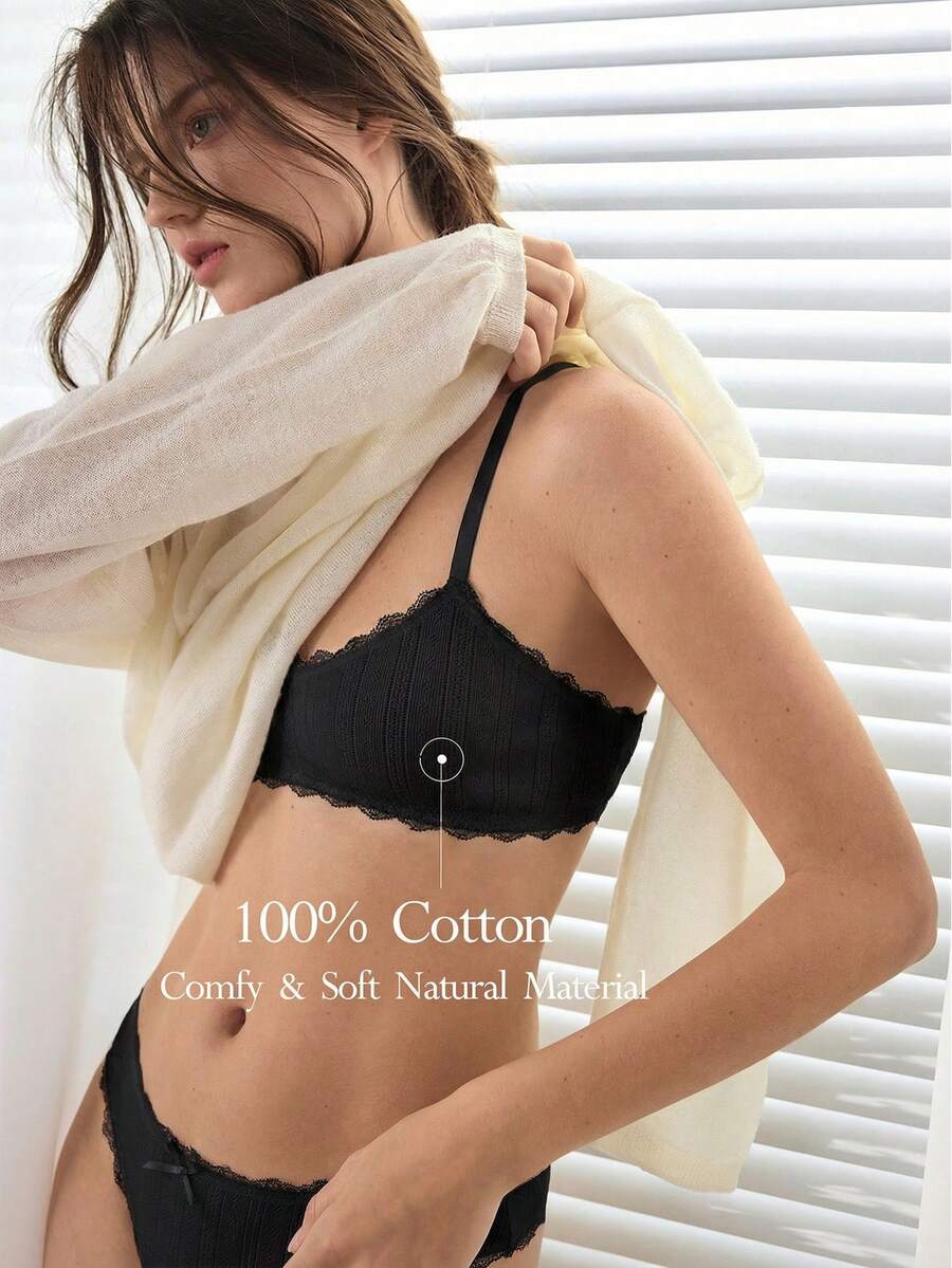 Ocili 女士舒适棉质针织提花蕾丝蝴蝶结装饰文胸 - 黑色 - 查看 1