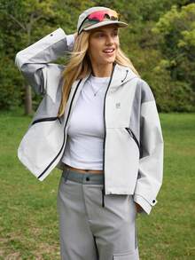 Exploreva Women's Contrast Color Zipper Long Sleeve Casual Jacket - Grey - View 5