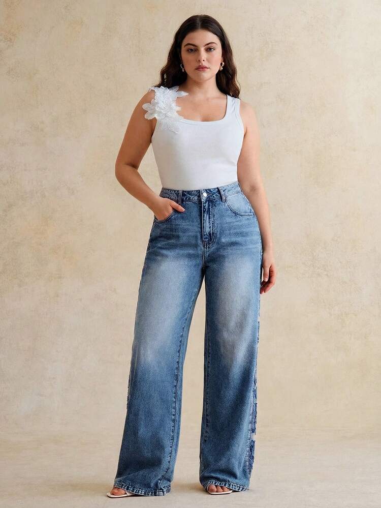 Women's Fashionable Luxurious Sexy Side Hollow Embroidered Mother's Day Romantic Party Vacation Blue Plus Size Straight Leg Jeans, Spring/Summer