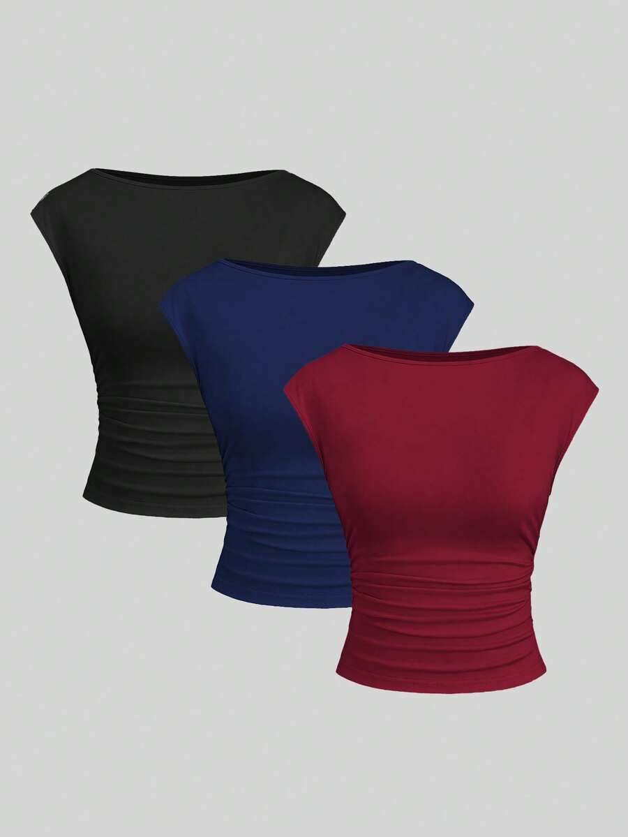 Sweetra 3pcs/Set Sexy Backless Breathable Moisture-Wicking Fitted Short Sleeve Top/T-Shirt For Women - Multicolor - View 1