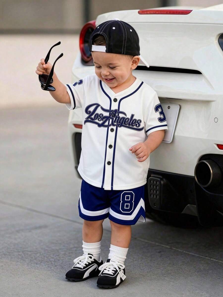 SHEIN Baby Boy Infant Toddler Los Angeles Baseball Jersey&Shorts Set,Navy And White,Summer,Street Life Casual Graphic Street Fashion,Beach Sports Outfit - Navy Blue - View 1
