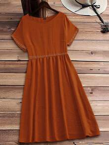 Rusticease Plus Size Women Embroidery Design Round Neck Short Sleeve Casual Dress - Coral Orange - View 6