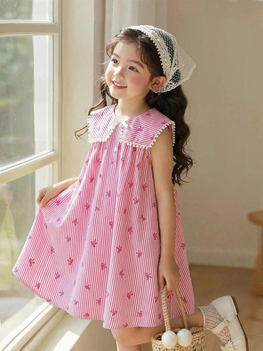 SHEIN Elladie kids 女童粉白条纹蝴蝶结印花休闲可爱白色蝴蝶结蕾丝边方领开襟甜美连衣裙,适合日常、度假、通勤,优雅又可爱 - 粉色 - 查看 1