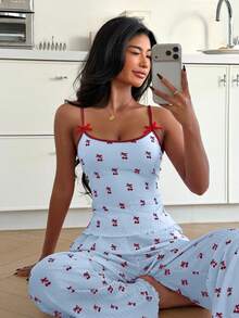 ZzzCrew 2pcs Contrast Trim Camisole & Shorts Pajama Set, Cherry Print Knit Sleepwear For Women - Multicolor - View 3