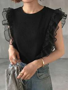 FRIFUL Women's Turtleneck Ribbed Tank Top With Mesh Ruffle Trim Sleeveless Layered T-Shirt - Black - View 5
