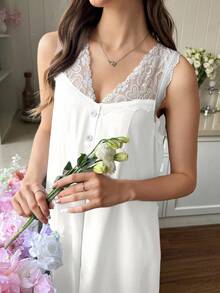 Snug Reverie Lace Patchwork V-Neck Decorated Button Sleeveless Nightgown - White - View 4