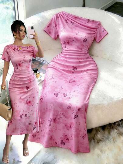 Franclia Women's Casual Elegant Butterfly Print Ruched Waist Mid-Length Dress, Suitable For Daily And Holiday Wear, Spring/Summer