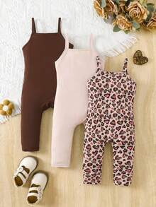 姐妹装和妈妈装女婴休闲百搭日常穿搭套装，修身罗纹吊带背心和打底裤，黑色+浅灰色+豹纹印花 - 彩色 - 查看 2