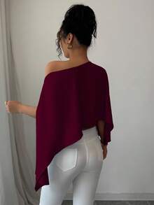 SHEIN PETITE 女士纯色蝙蝠袖短款时尚上衣 - 酒紅色 - 查看 2