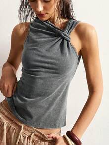 Bohemela Casual Solid Color Knit Fitted Tank Top For Women - Grey - View 6