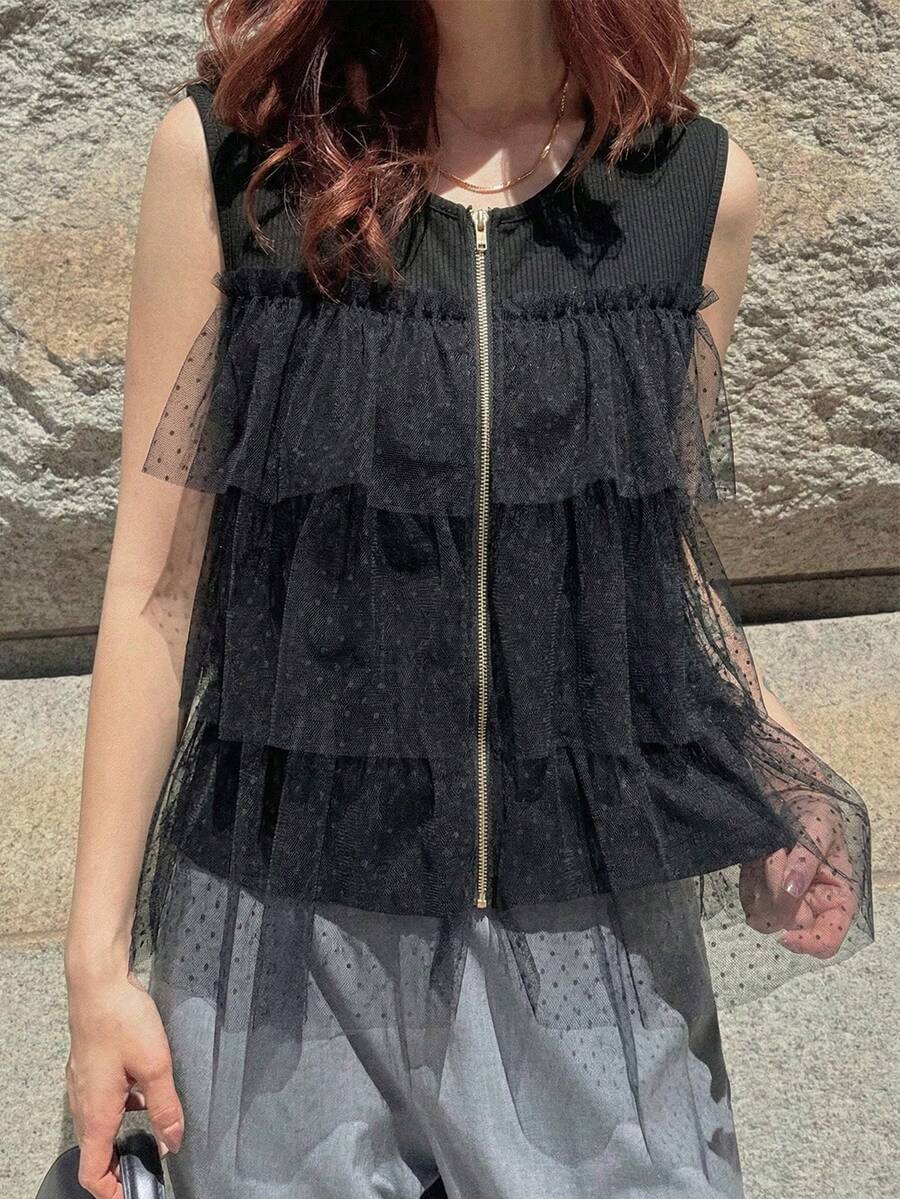 FRIFUL Women's T-Shirt With Zipper, Layered Mesh Design, Loose Casual Versatile Summer, Suitable For Vacation And Music Festivals - Black - View 1