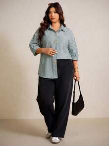 Elaquor 大码女式条纹金属心形纽扣设计休闲短袖衬衫 - 綠色 - 查看 4