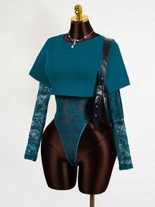 BamGleam 女士长袖性感蕾丝连体衣 - 深色水洗藍 - 查看 7