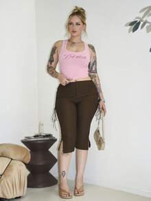 Arliah 女式 Y2K 水钻字母印花修身短款背心 夏季图案 T 恤 女式上衣 - 粉色 - 查看 4