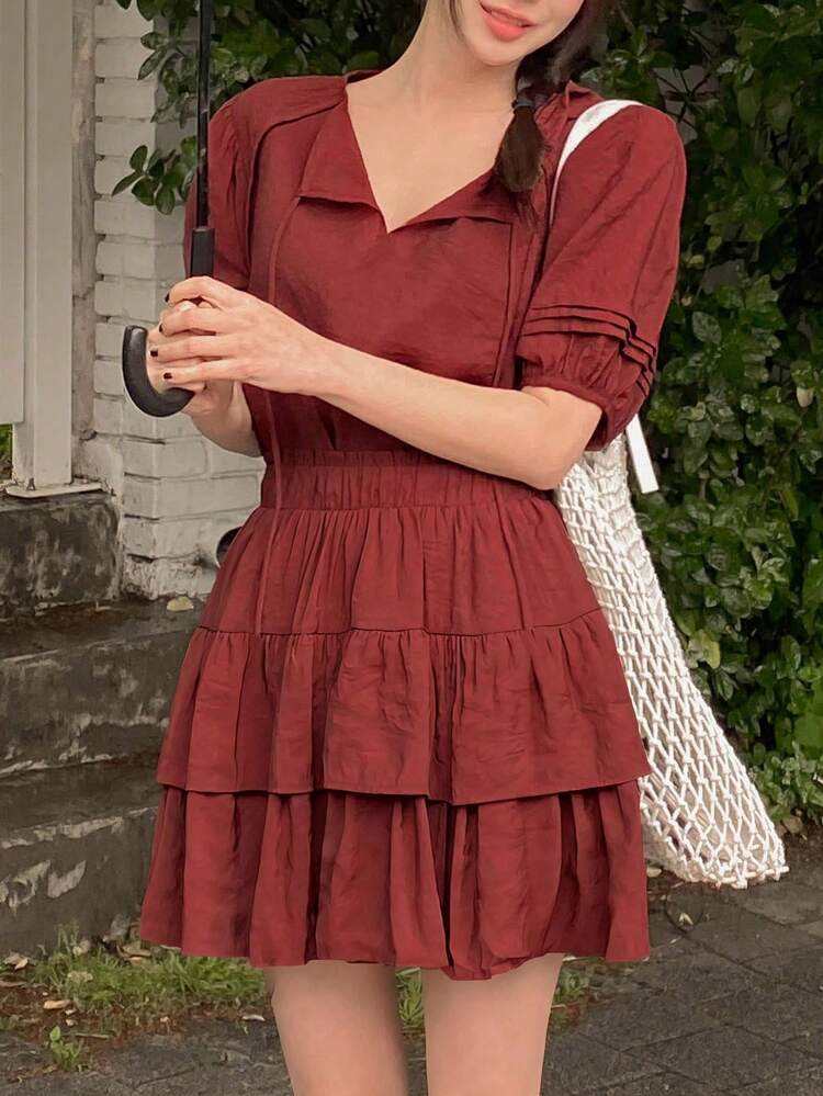 Women's Summer Casual Solid Color Knotted Collar Top And Multi-Layer Ruffle Hem Skirt 2-Piece Set