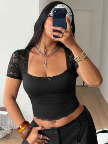 Coolane 夏季女装大码街头风派对复古时尚优雅蕾丝弹力黑色方领短袖上衣T恤 - 黑色 - 查看 1