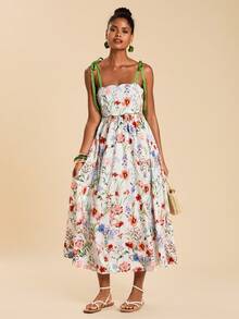 Travachic Women's Floral Print Embroidered Romantic Tie Waist Dress,Afternoon Tea,Elegant Dresses For Women,Beach Cruise Vacation, City Road Trip Vacation, Boho Vacation, Music Festival, Beachwear, Easter, Beach For Woman, Vacation Women, Concert Women, Tropical Vacation Woman, Holiday, Bohemian,Tropical Vacation, Bohemian Outfits, Ibiza Outfits, Western Style,Summer Dresses For Women - Multicolor - View 4
