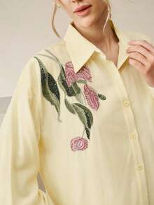 Áo kiểu tay dài thêu hoa đính sequin, thanh lịch, phong cách thường ngày, thích hợp cho mùa xuân/hè, dành cho nữ. - Vàng nhạt - Xem 1