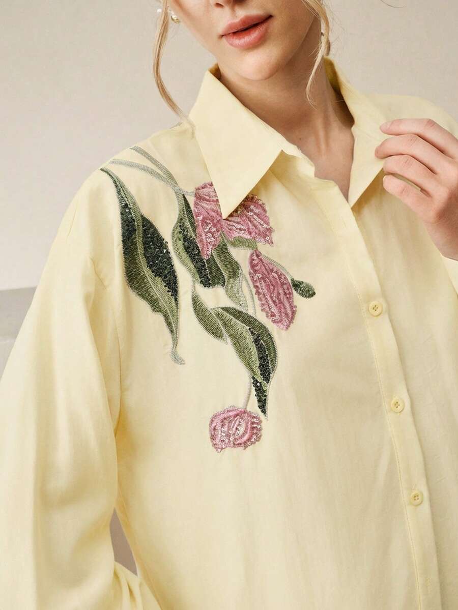 Áo kiểu tay dài thêu hoa đính sequin, thanh lịch, phong cách thường ngày, thích hợp cho mùa xuân/hè, dành cho nữ. - Vàng nhạt - Xem 1