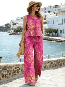 Selamara 2pcs/Set Summer Fashion Printed Sleeveless Top And Wide Leg Pants - Hot Pink - View 1